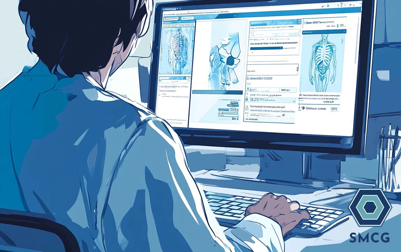 doctor considering medical credentialing software vs hiring specialist while sitting at a computer
