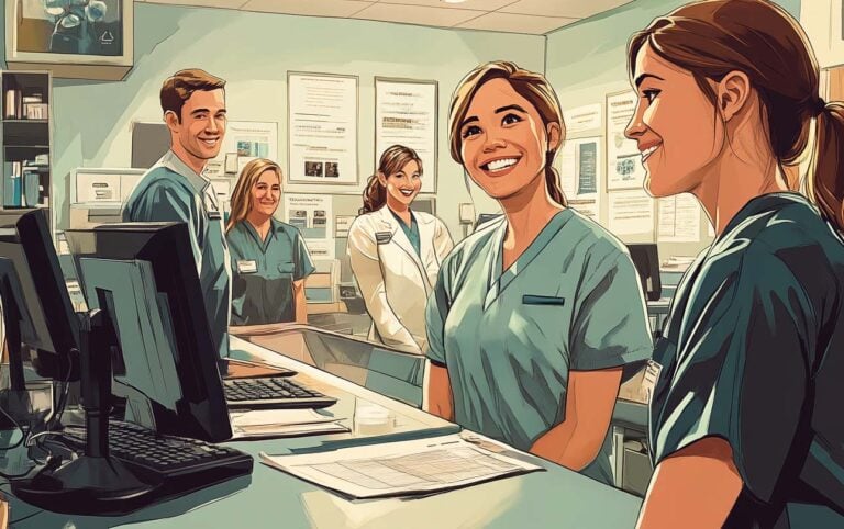 Illustration of a busy hospital credentialing office managing verification processes and physician privileges for healthcare systems